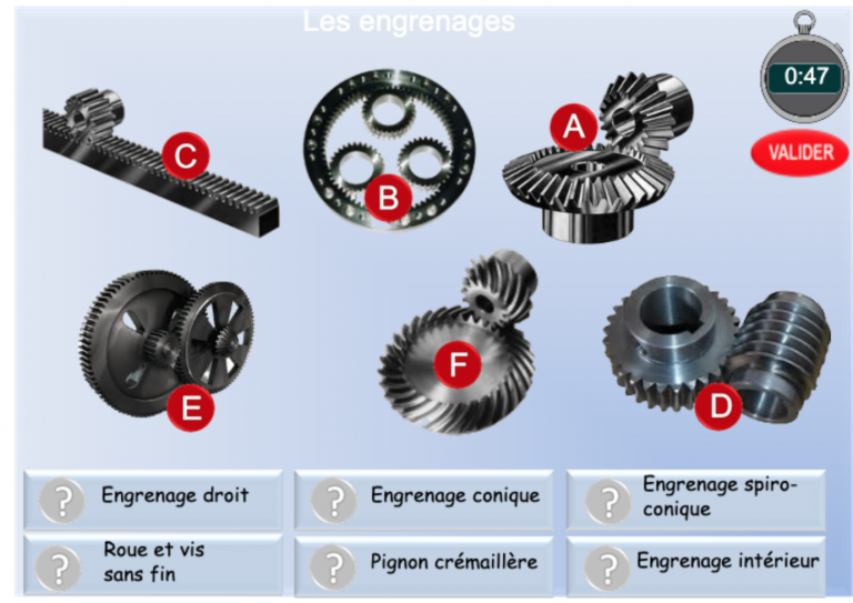 Les types d’engrenages. Exercices de vocabulaire technique
