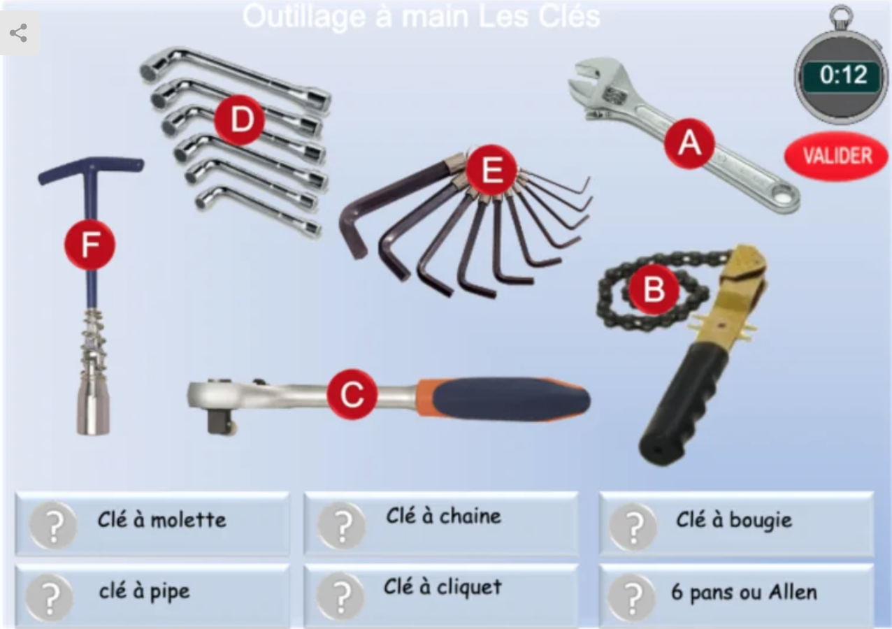 Les clés – Test de vocabulaire, outillage à main