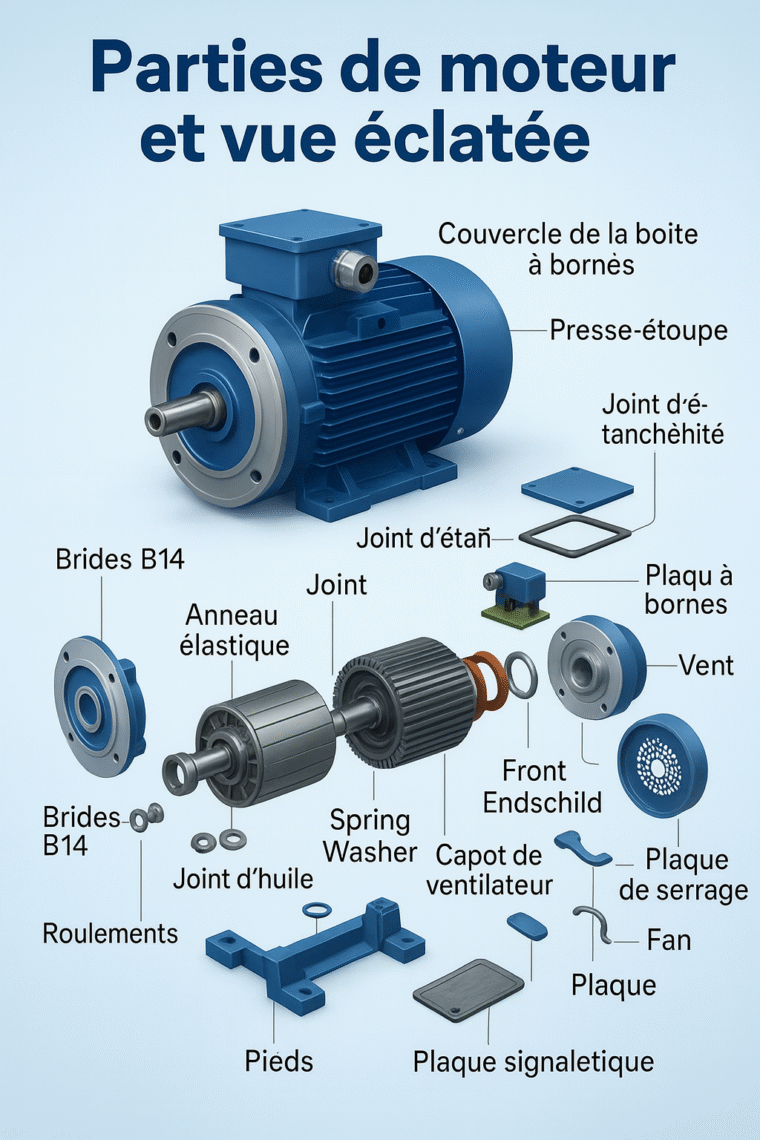 Parties d’un moteur électrique et vue éclatée