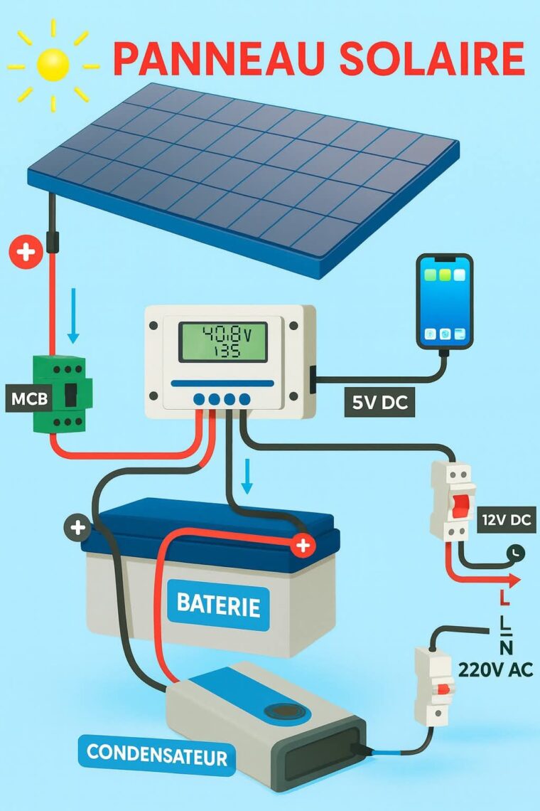Schéma complet d’une installation solaire photovoltaïque : panneau solaire, batterie et conversion 220V