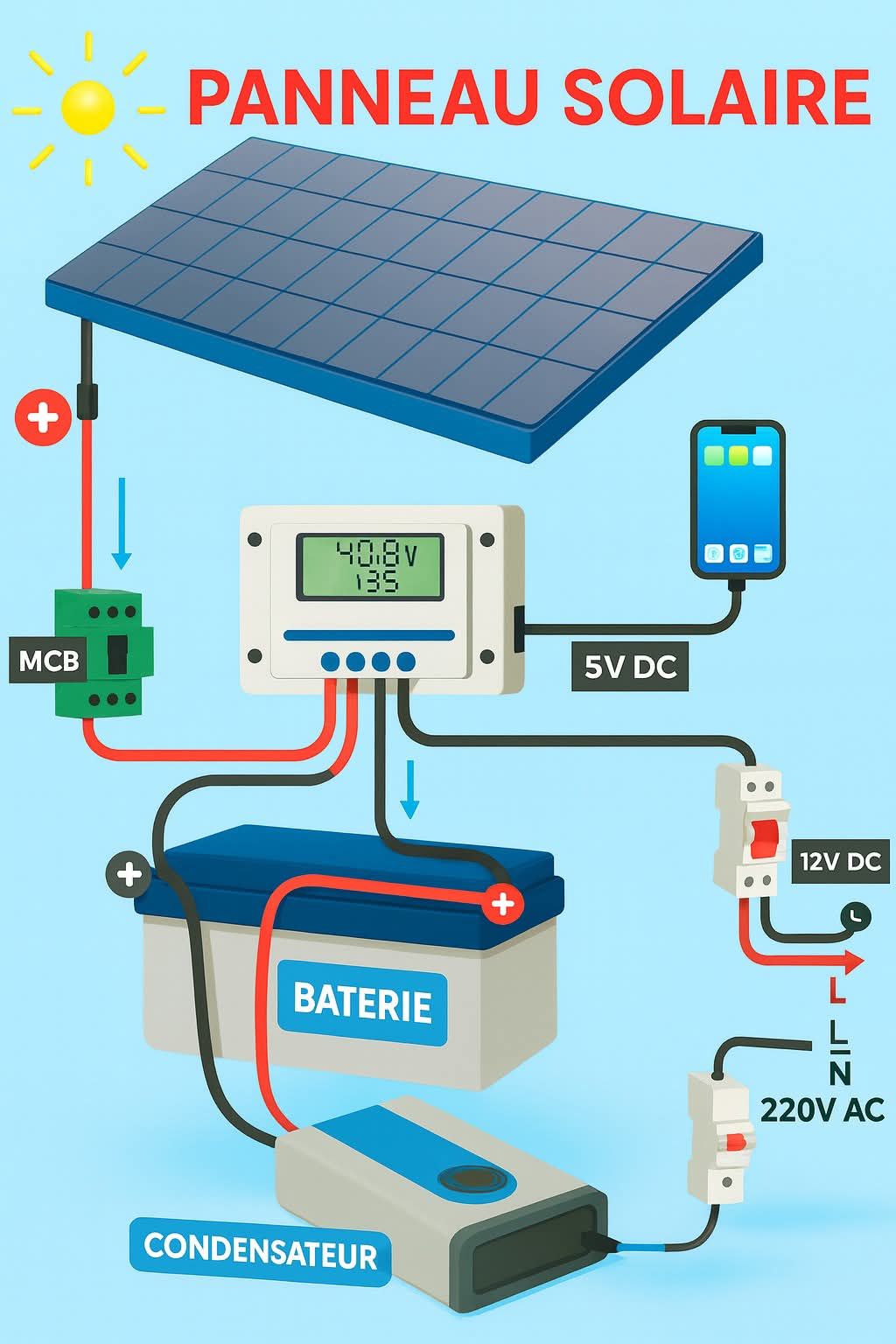 Schéma complet d’une installation solaire photovoltaïque : panneau solaire, batterie et conversion 220V